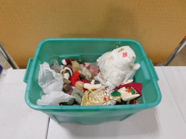 Bin full of Christmas Decor including Santas, Snowman, Elf, Dolls, Plush, etc.