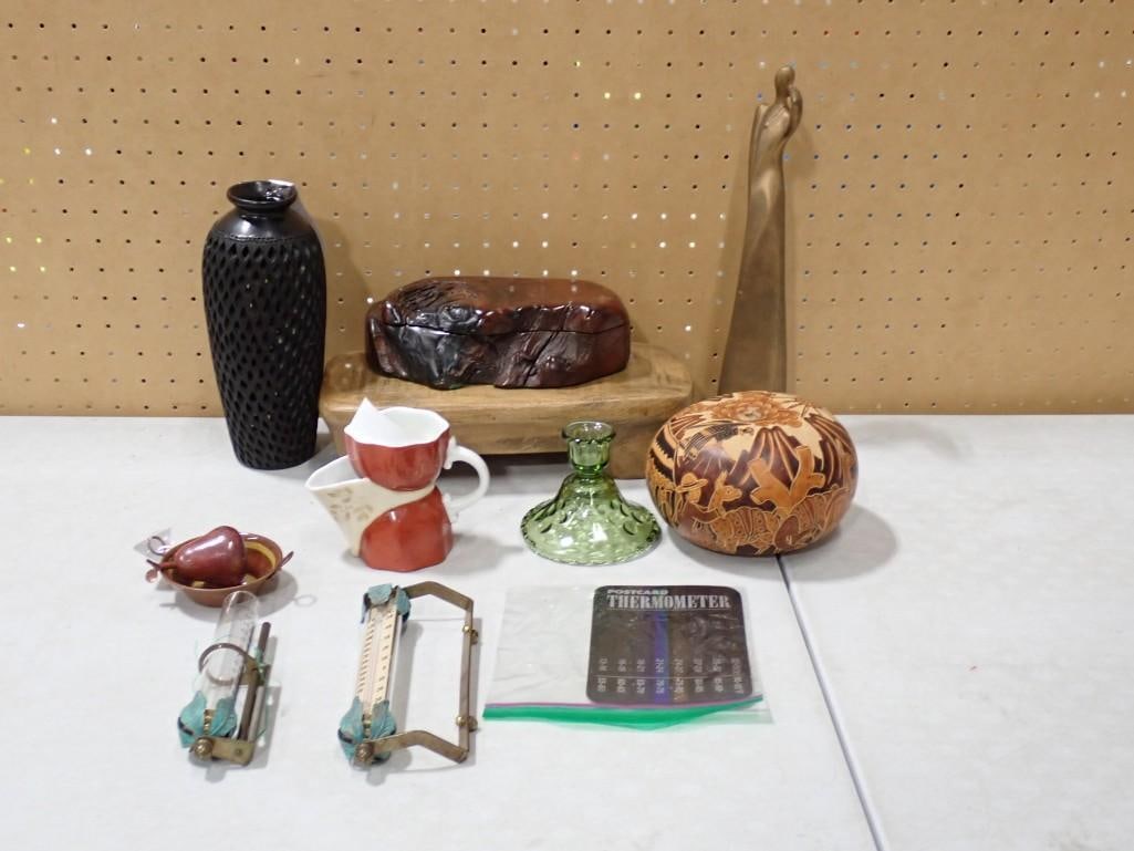Misc. Lot including Vase, Figurine, Rain Measure, Thermometer, Peruvian Gourd, Wood Burl Box, etc (1 of 5)