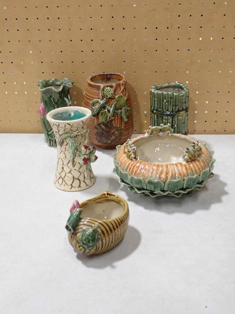 Pottery Lot including Decorated Vases, Frog Dish, Bowl, etc.: Pottery Lot including Decorated Vases, Frog Dish, Bowl, etc. All pictures are considered part of the description and should be examined carefully by bidders. Live Auctioneers is now offering Live Ship