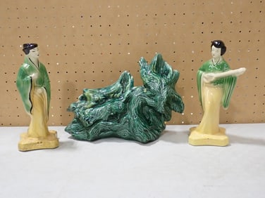Chinese Green Glaze Pottery Figurines and a Root Form Light