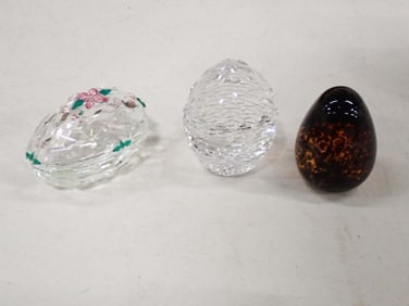 2 Art Glass Paperweights and a Trinket Dish