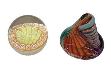 2 Art Glass Paperweights incl Millefiori and M Hudson Art Glass Paperweight Pen Holder