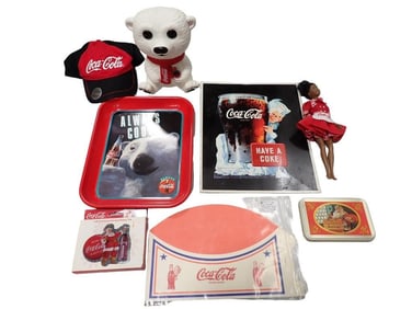 Coca Cola Lot incl Metal Tray, African American Barbie Doll, Paper Soda Jerk Hat with Sprite Boy,