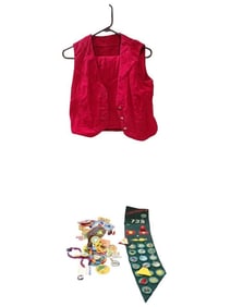 Lot of Scouting Items incl Girl Scout Embroidered Patches, Brownie Book, Red Vest, etc