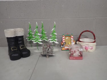 Christmas Decor Lot including Santa Boots Planter/Vase, Trees, Sylvester and Tweety Frame, LED Candl