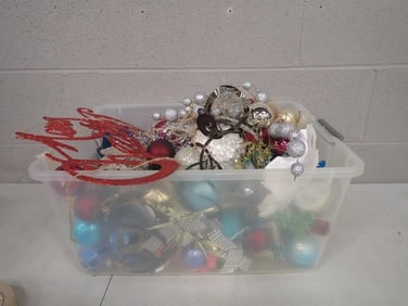 Bin full of assorted Christmas Ornaments, Decor, etc.