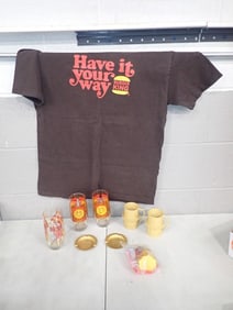 Burger King Lot, etc. Including Have it your way T-shirt Size L, Glasses, Toy, Ashtray, Mr. Peanut C