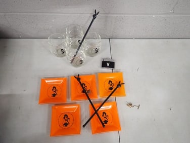 Playboy Lot including Glass Ashtrays, Glasses, Stir Sticks, etc.