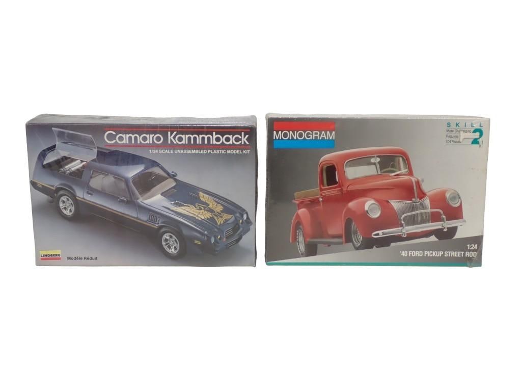 2 Sealed Model Car Kits incl Lindberg Camaro Kammback and Monogram '40 Ford Pickup Street Rod (1 of 5)