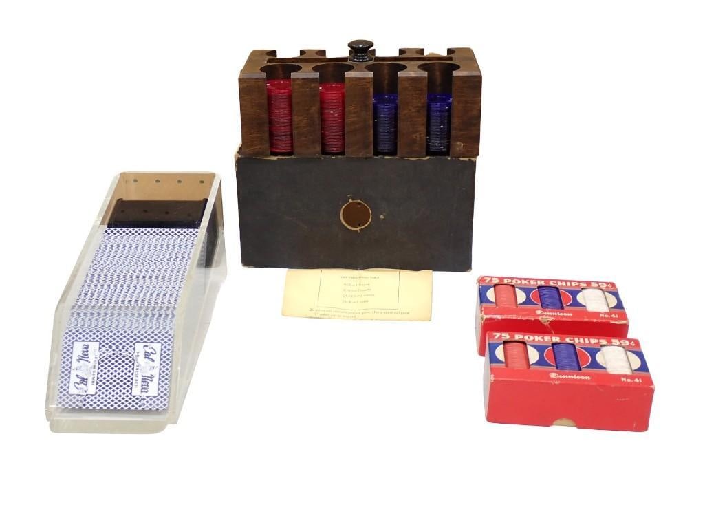 Lot of Poker Chips and Card Dealer: Nice lot. Cards in the card dealer are from Club Cal Neva in Reno. May not be complete decks. All pictures are considered part of the description and should be examined carefully by bidder