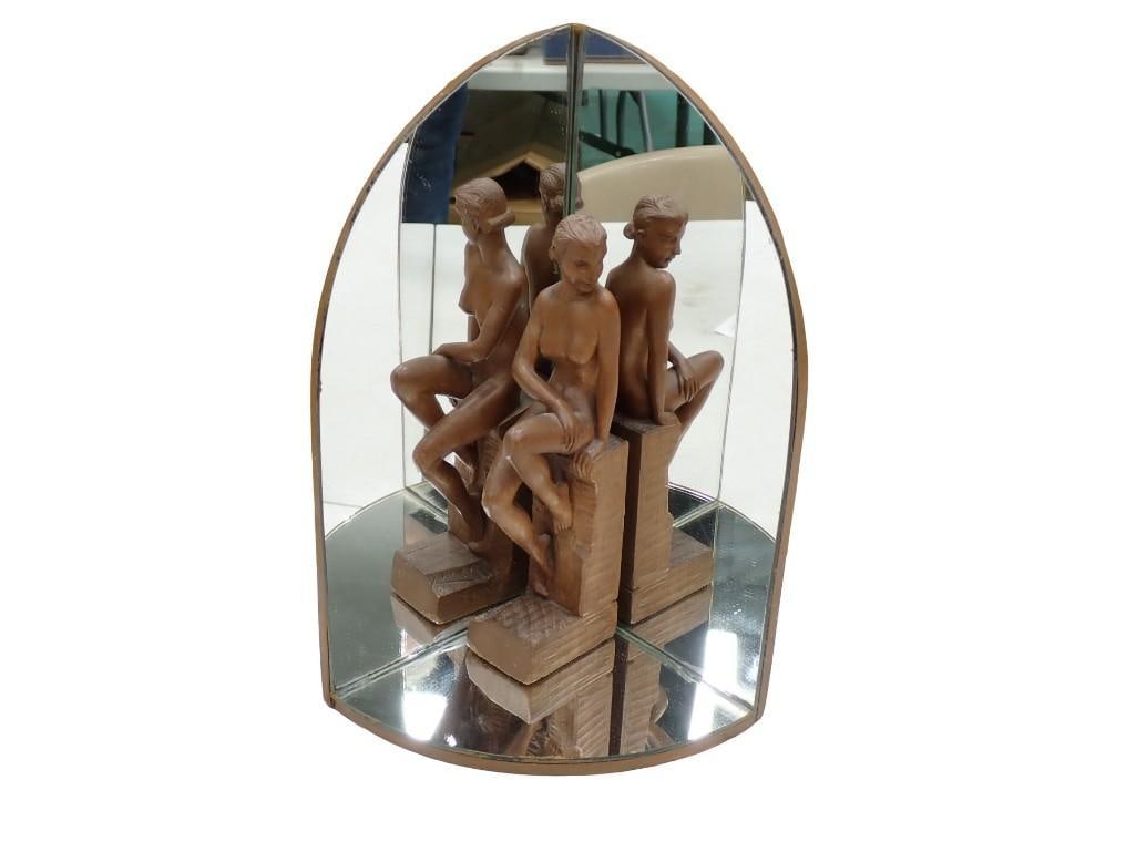 Art Deco Hand Carved Woman and Mirror Display Artist Signed Wood Carving: Nice handmade carved wood statue of a nude woman. Artist signed. Comes with original mirrored display stand. All pictures are considered part of the description and should be e