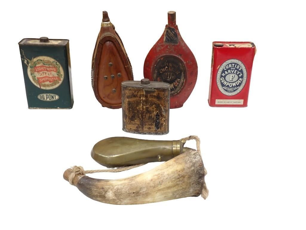 Vintage Gun Powder Tins and Flasks Lot: Vintage Gun Powder Tins and Flasks Lot. Includes 2 - 1800s gun powder tins, 2 - 1900s gun powder tins, 3 - 1800s gun powder flasks and horn. Great display pieces All pictures are consider