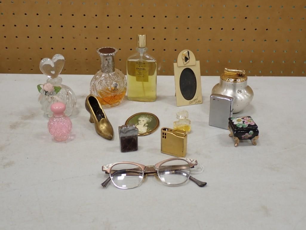 Vintage Smalls incl Zippo Lighter, Perfume and Cologne Bottles, Porcelain Trinket Box, Cat Eye Glass (1 of 8)