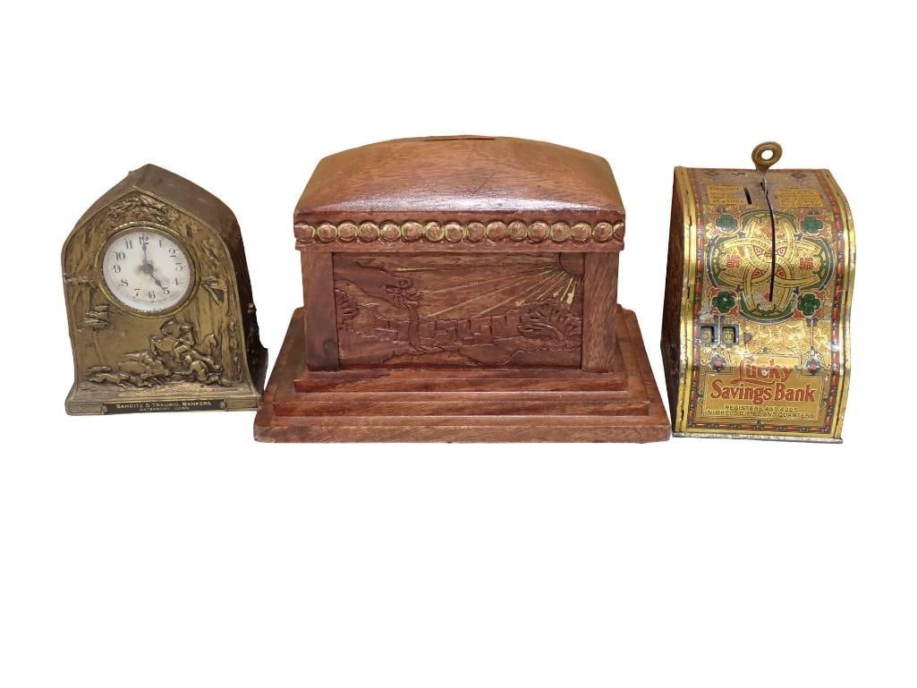 Lot of 3 Antique Banks: Really nice lot of antique banks. These 3 are pretty hard to find. Nice condition. All pictures are considered part of the description and should be examined carefully by bidders. Live Auc