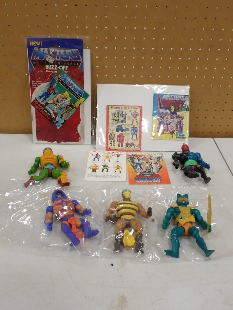 He-Man Masters of the Universe Lot including Ephemera, Action Figures - Man at Arms, Mer Man, Buzz O: He-Man Masters of the Universe MOTU Lot including Ephemera, Action Figures - Man at Arms, Mer Man, Buzz Off, Trap Jaw, etc. All pictures are considered part of the description and should be examined c