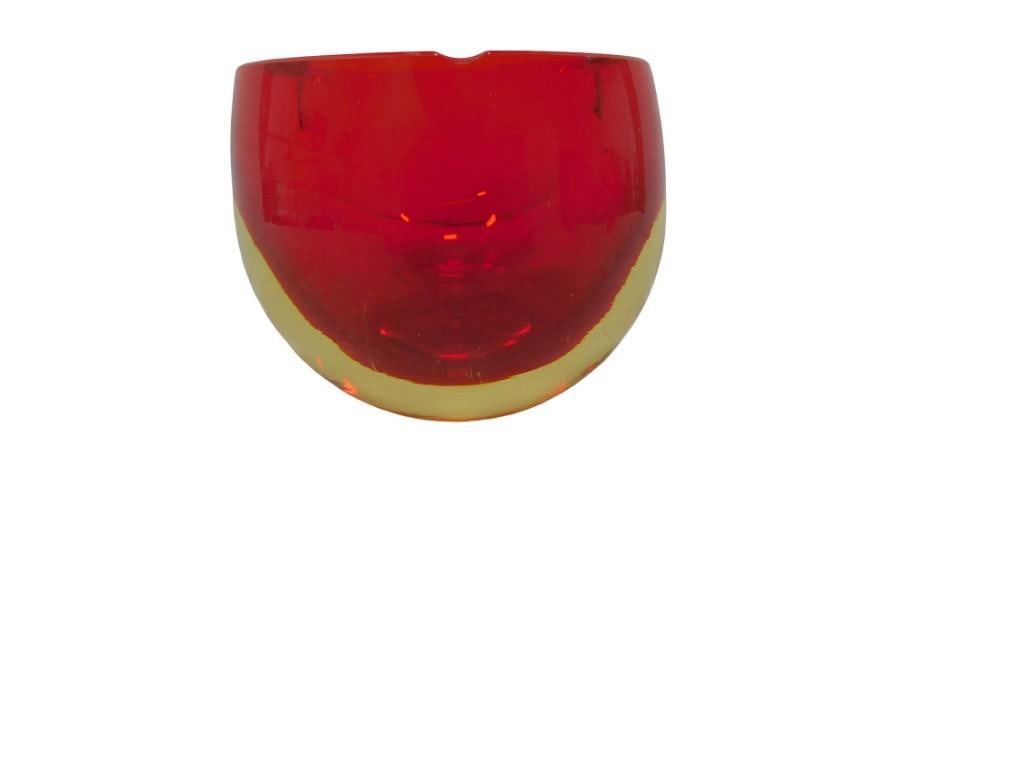 Vintage Vaseline Glass or Uranium Glass and Red Glass Sommerso Ashtray Possibly Murano: Vintage Uranium Glass or Vaseline Glass and Red Glass Sommerso Ashtray Possibly Murano Condition: has a small, flea bit chip on the inside rim All pictures are considered part of the descr