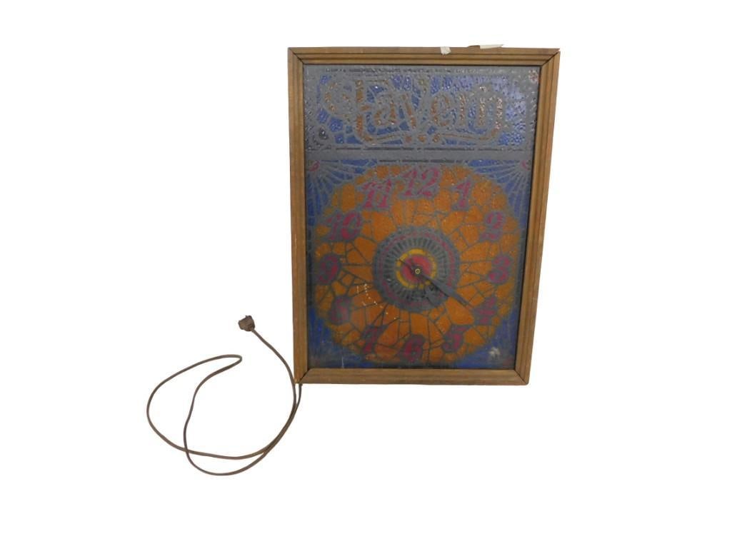 Tavern Bar Clock / Light with Stained Glass type design: Tavern Bar Clock / Light with Stained Glass type design All pictures are considered part of the description and should be examined carefully by bidders. Live Auctioneers is now offering Live Shipping