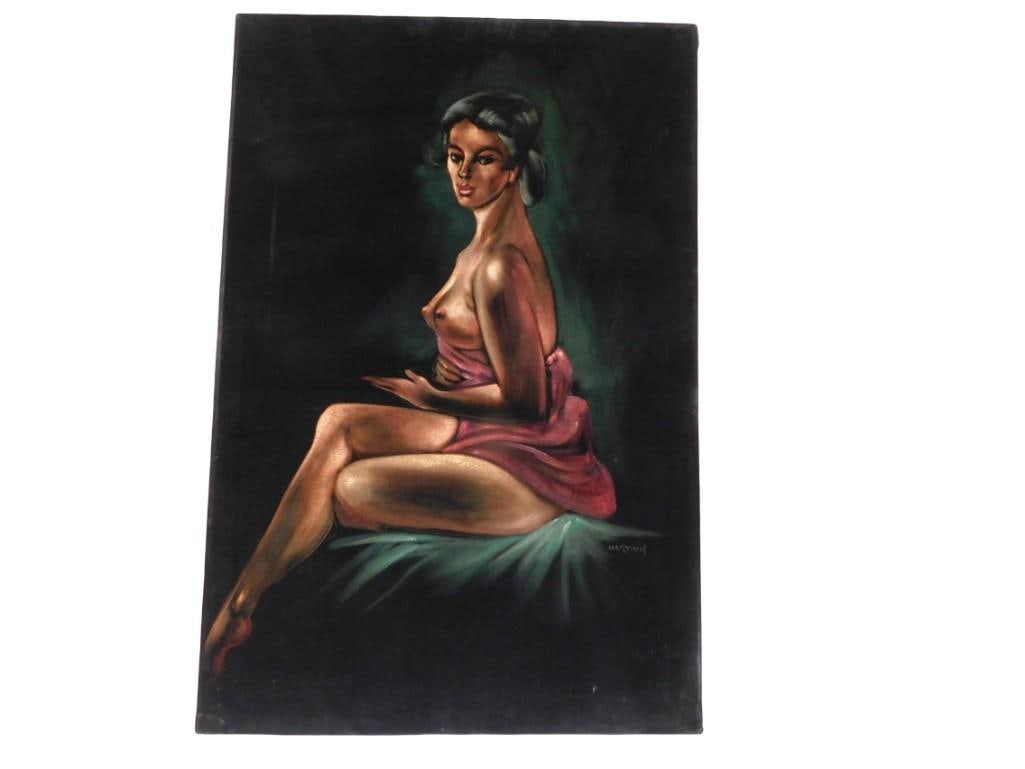 Black Velvet Nude Woman Painting - Signed Martinus - Measures roughly 24x36": Black Velvet Nude Woman Painting - Signed Martinus - Measures roughly 24x36" All pictures are considered part of the description and should be examined carefully by bidders. Live Auctioneers is no