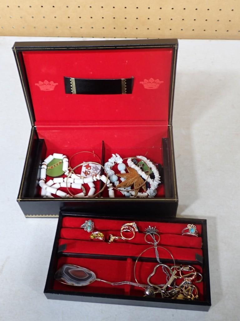 Jewelry Box full of Costume Jewelry - Rings, Bracelets, Necklaces, Polished Stone, etc: Jewelry Box full of Costume Jewelry - Rings, Bracelets, Necklaces, Polished Stone, etc All pictures are considered part of the description and should be examined carefully by bidders. Live Auctioneers