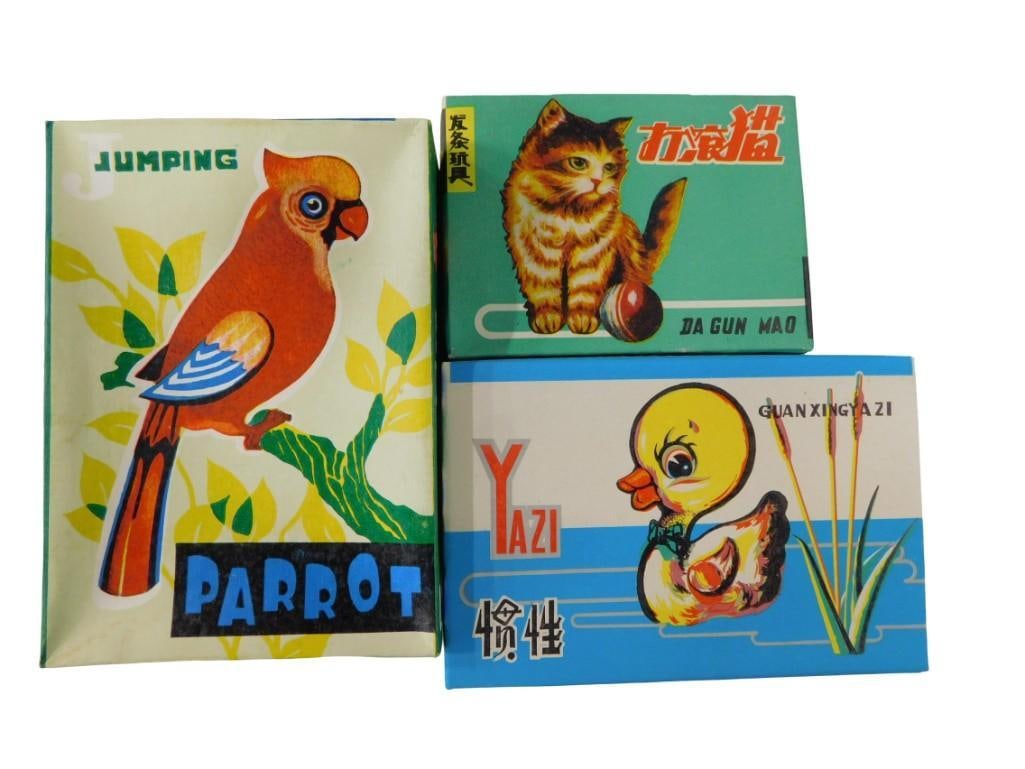 3 Vintage Wind Up Tin Toys NOS New Old Stock incl Cat, Parrot, Duck Tin Litho: 3 Vintage Wind Up Tin Toys NOS New Old Stock incl Cat, Parrot, Duck Tin Litho All pictures are considered part of the description and should be examined carefully by bidders. Live Auctioneers is now o