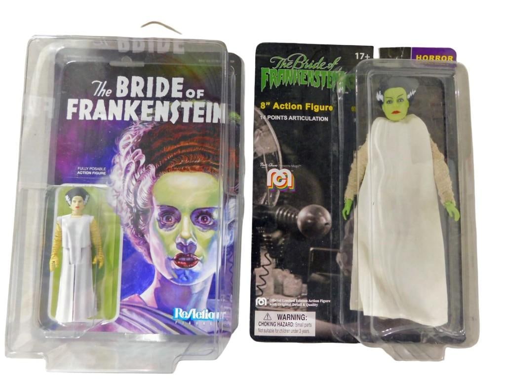 2 Bride of Frankenstein Action Figures incl Mego 8" Action Figure and Super7 Universal Monsters: Mego The Bride of Frankenstein 8" Action Figure and Super7 Universal Monsters The Bride of Frankenstein ReAction Figure. Both new in package All pictures are considered part of the descript