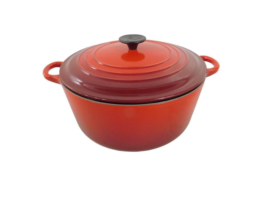 Le Creuset Enameled Cast Iron Dutch Oven with Lid Red: Le Creuset Enameled Cast Iron Dutch Oven with Lid Red. Made in France. Very lightly used, light scratches. All pictures are considered part of the description and should be examined carefu