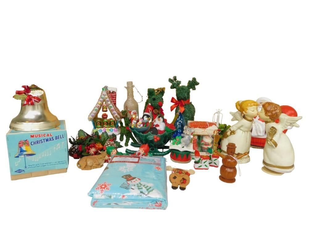 Christmas / Winter Lot including Musical Bell, Angles, Figures, Decor, Ornaments, Tablecloth, etc. (1 of 10)