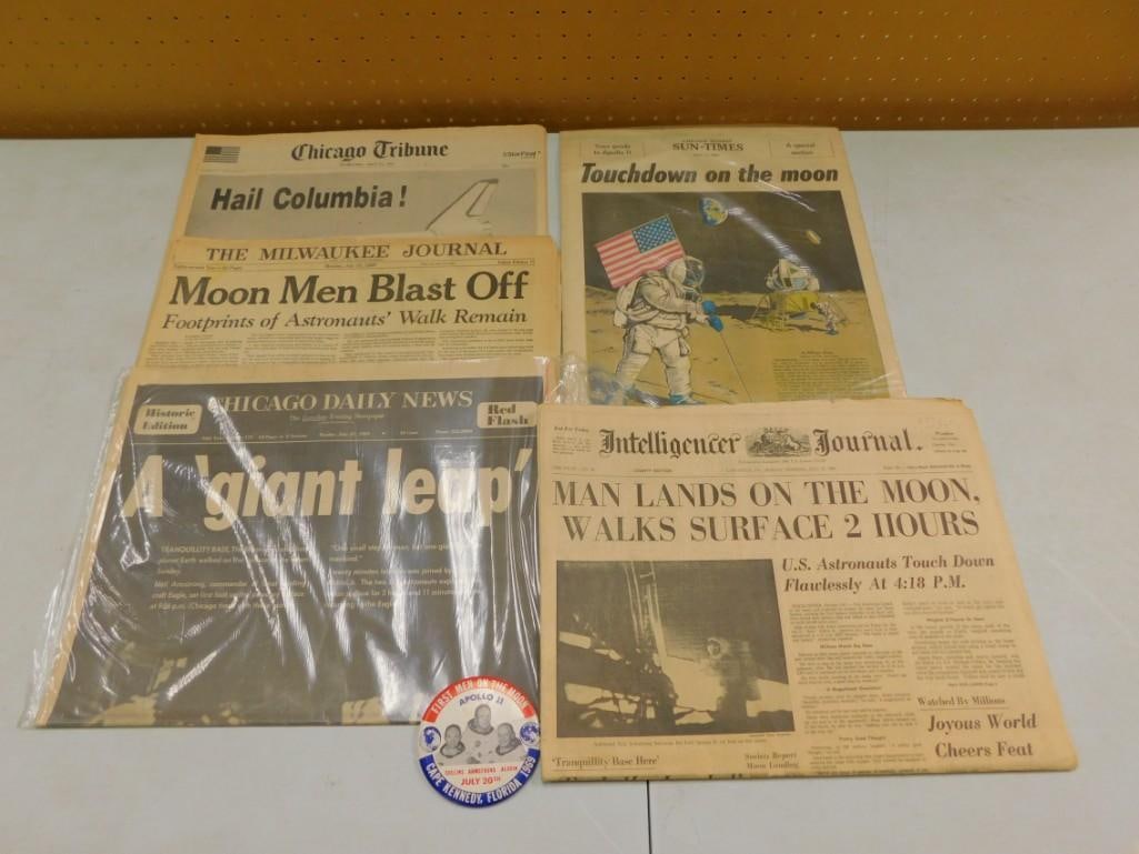 Vintage Newspapers including Moon Landing, Columbia, plus an Apollo 11 Button (1 of 13)