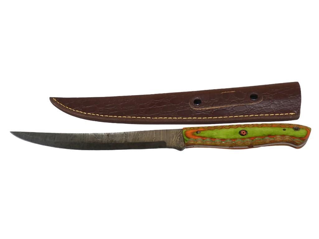 14" Filet or Hunting Knife with Sheath and Colorful Handle: 14" Filet or Hunting Knife with Sheath and Colorful Handle All pictures are considered part of the description and should be examined carefully by bidders. Live Auctioneers is now offering Live Sh