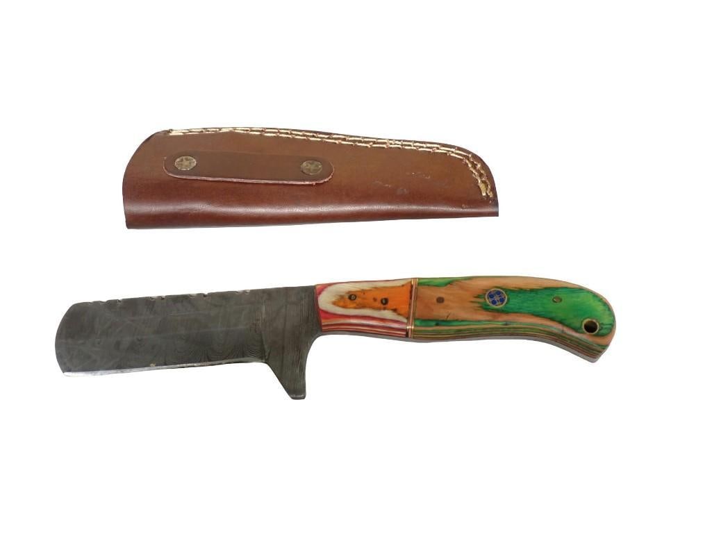 Bullnose Knife with Wood Handle and Leather Sheath: Bullnose Knife with Wood Handle and Leather Sheath All pictures are considered part of the description and should be examined carefully by bidders. Live Auctioneers is now offering Live Shipping thr