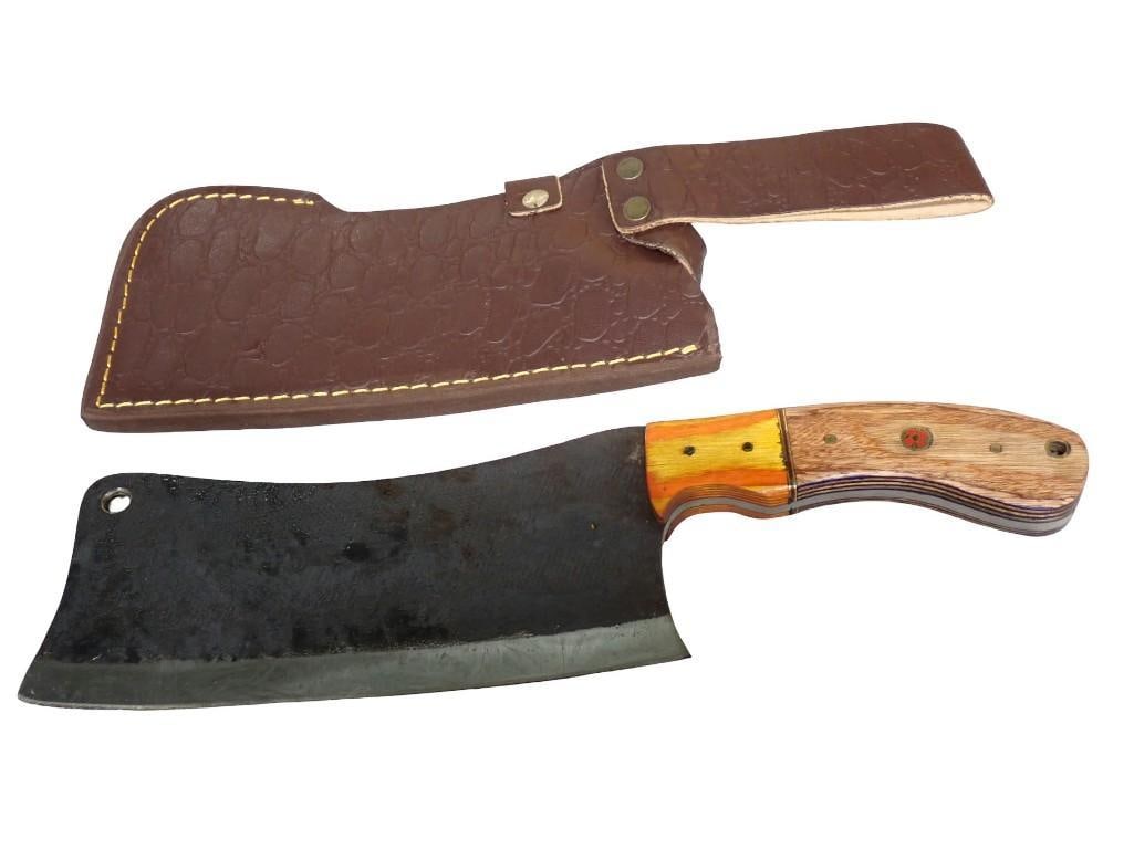 Meat Cleaver Knife with Wood Handle and Leather Sheath (1 of 7)