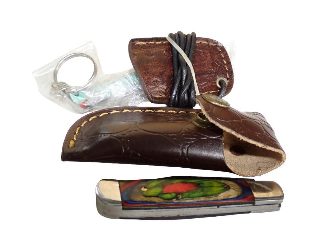 2 Knives incl Pocket Knife with Leather Case and Key Chain Knife with Leather Sheath (1 of 5)