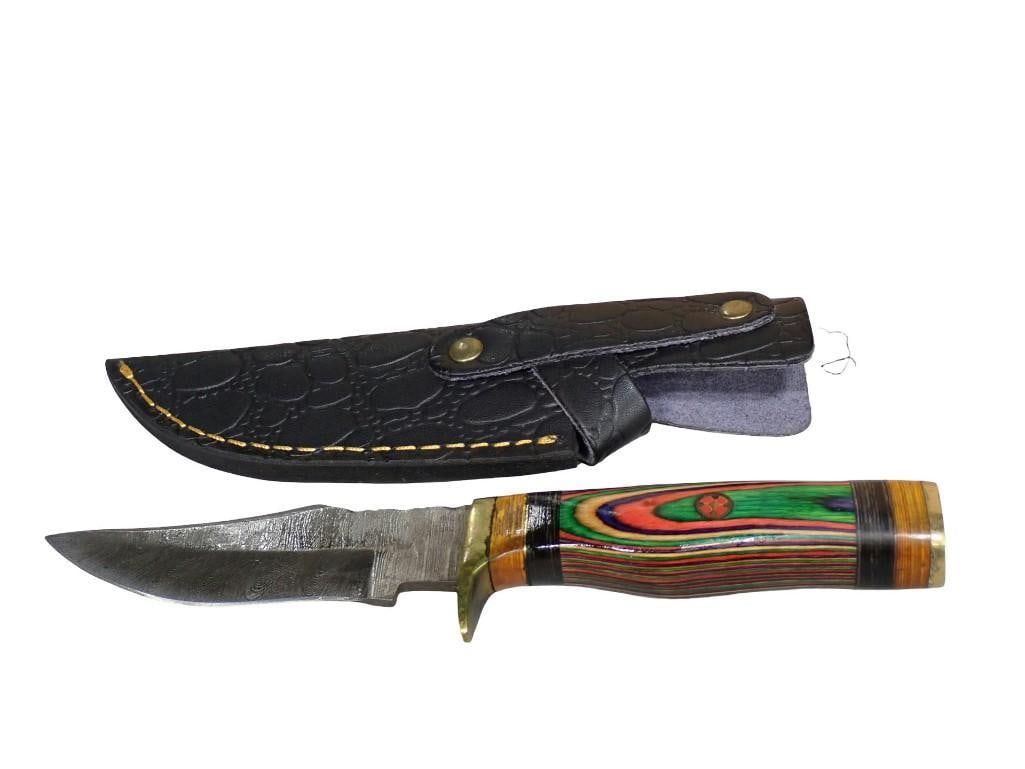 Knife with Dyed Wood Handle and Leather Sheath: Knife with Dyed Wood Handle and Leather Sheath All pictures are considered part of the description and should be examined carefully by bidders. Live Auctioneers is now offering Live Shipping through