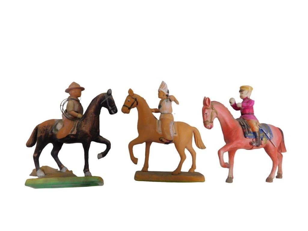 Vintage Toy Figures on Horses Early Plastic or Celluloid, Strung Arms: Vintage Toy Figures on Horses Early Plastic or Celluloid, Strung Arms Condition: on the 2 figures with bases, the top layer (Paint?) is cracked and loose, making the figures loose from the base. All