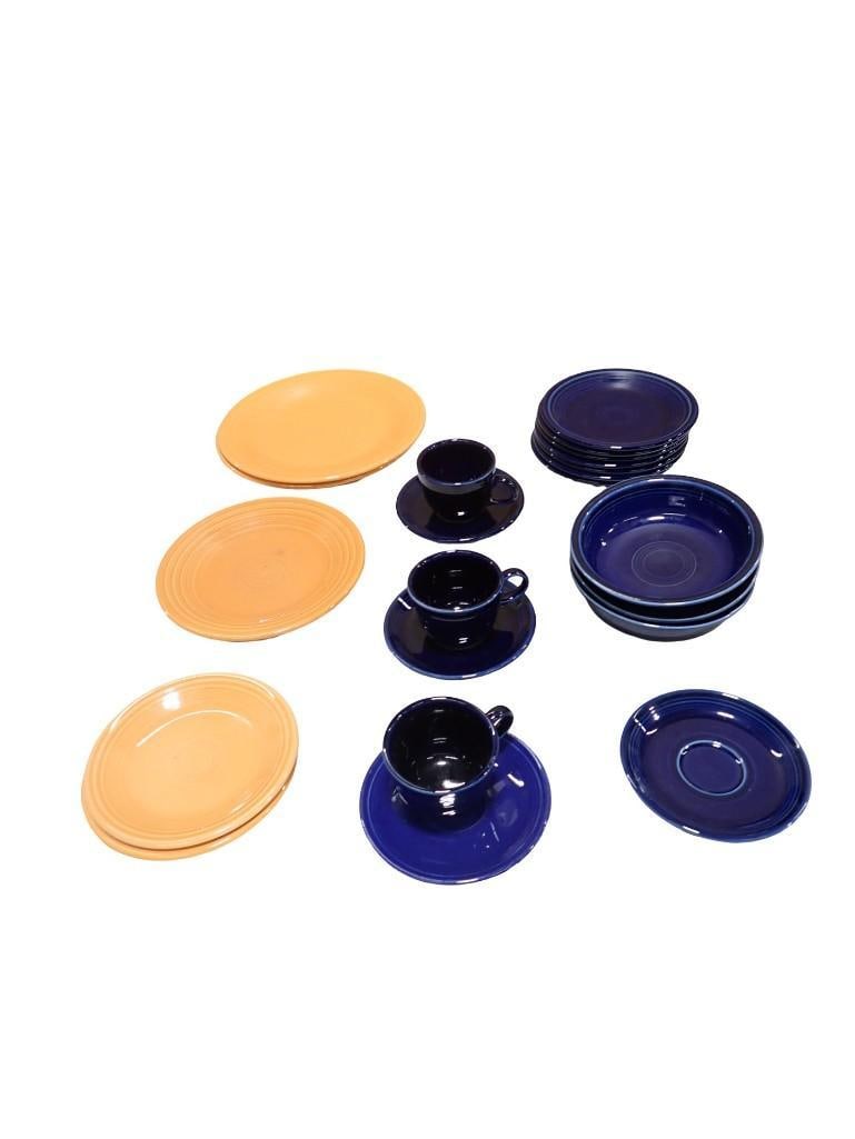 Fiestaware Dark Blue Cups, Saucers, Bowls, Small Plates and Peach Colored Plates Fiesta Ware: Lot of Fiesta Ware Dark Blue Cups, Saucers, Bowls, Small Plates and Peach Colored Plates All pictures are considered part of the description and should be examined carefully by bidders. Live Au