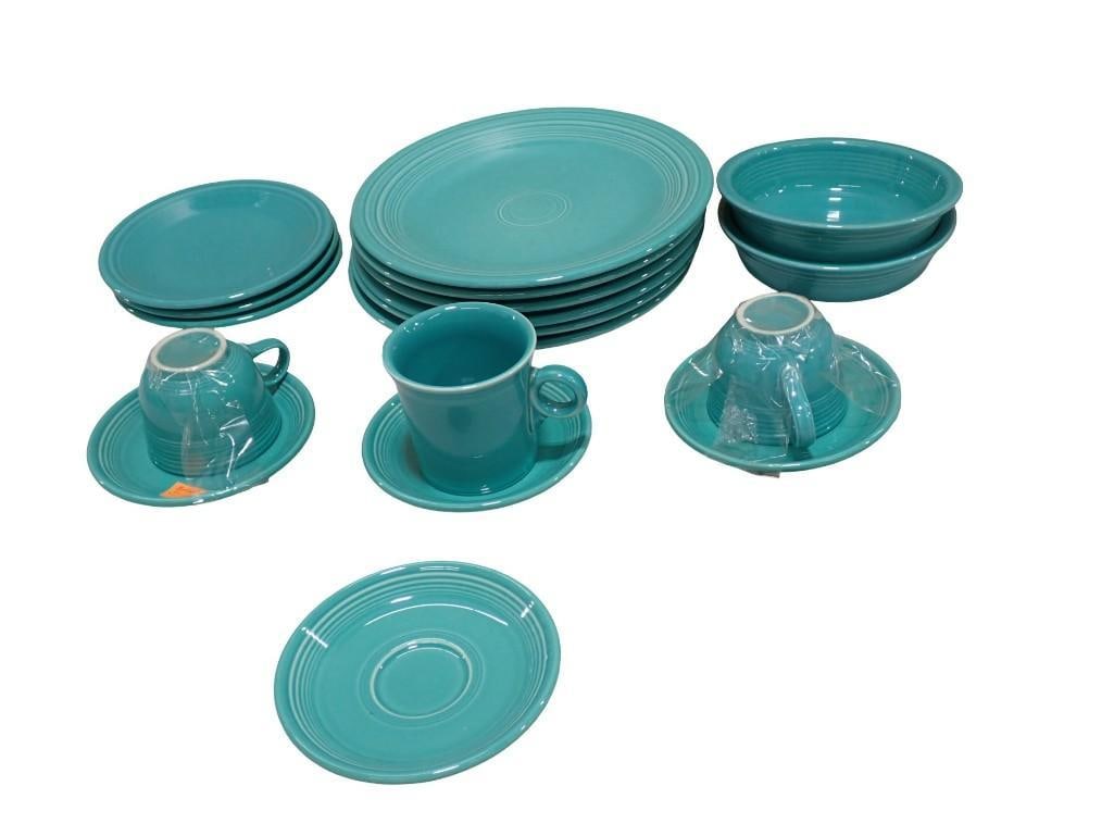 Fiestaware Teal or Aqua Cups, Saucers, Plates, Bowls Fiesta Ware: Lot of Fiestaware Teal or Aqua Cups, Saucers, Plates, Bowls Fiesta Ware All pictures are considered part of the description and should be examined carefully by bidders. Live Auctioneers is now