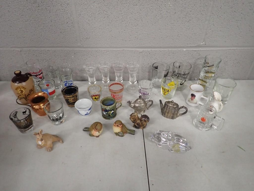 Lot of assorted Shot Glasses, Glasses, Trinkets, Figurines, etc. Elvis, Jack Daniels, Birds, Squirre: Lot of assorted Shot Glasses, Glasses, Trinkets, Figurines, etc. Elvis, Jack Daniels, Birds, Squirrel, Las Vegas, etc All pictures are considered part of the description and should be examined careful