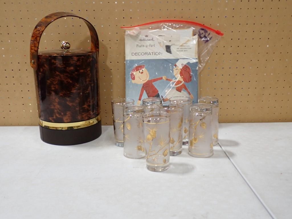 Set of 8 MCM 1960's Dominion Glass Golden Pine cone, Tortoise Shell Ice Bucket with Lucite Handle, (1 of 6)