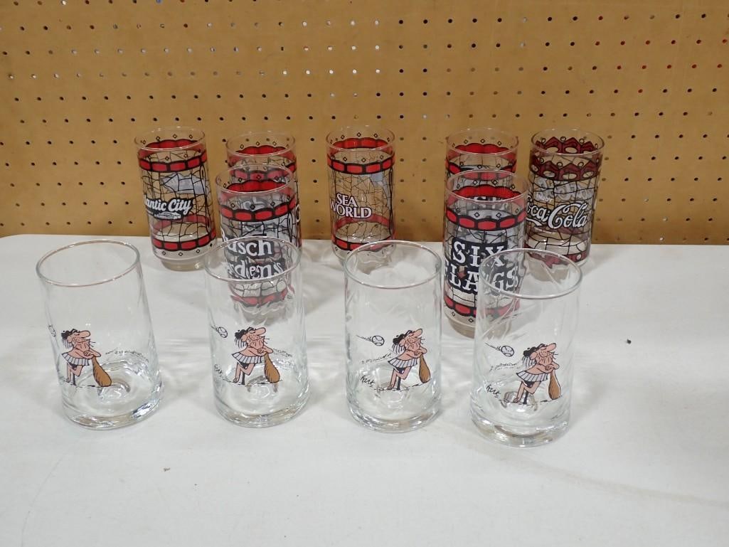 Collector Glasses including Coca Cola, BC Comics, Six Flags, Sea World, Atlantic City, Busch Gardens: Collector Glasses including Coca Cola, BC Comics, Six Flags, Sea World, Atlantic City, BuschAll pictures are considered part of the description and should be examined carefully by bidders. Live Auctio