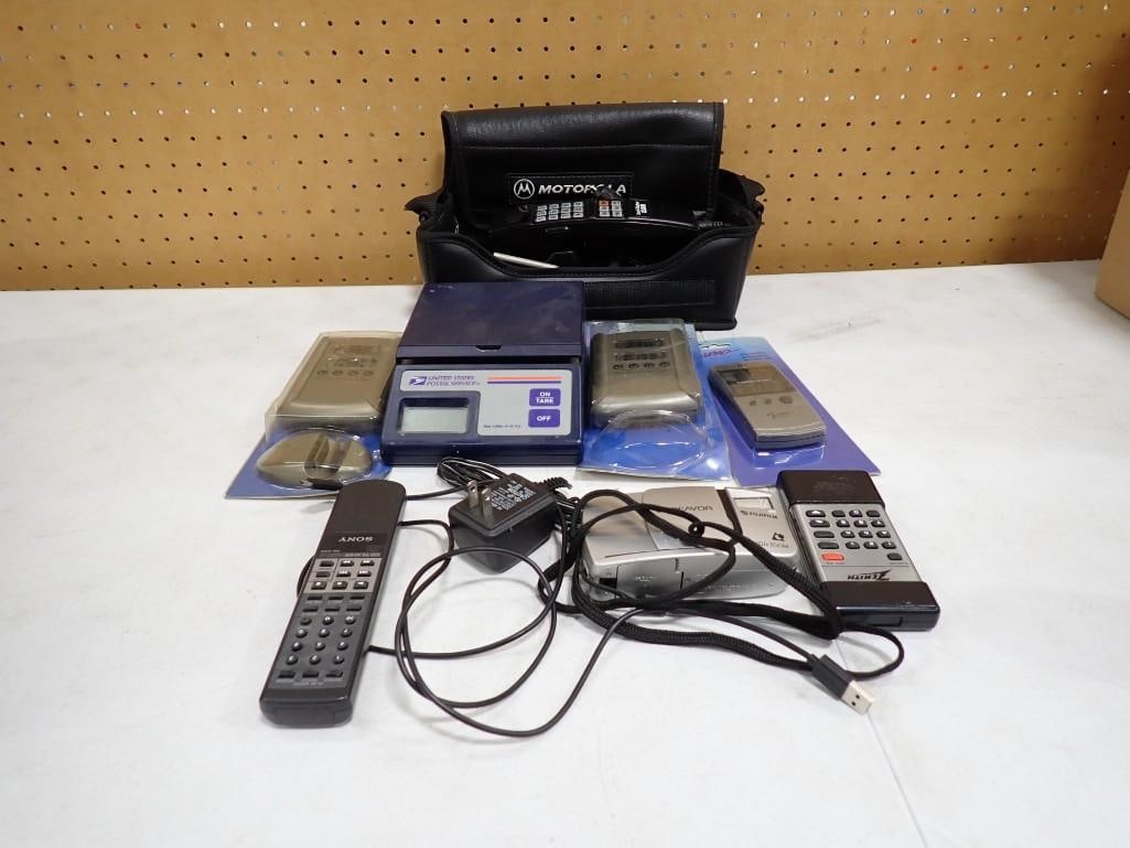Electronics Lot, etc. Including Vintage Motorola Bag Phone, Postal Scale, Remote Controls, Camera (1 of 6)