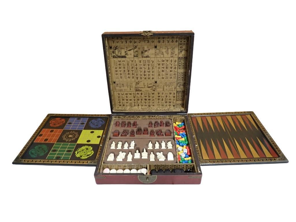Vintage Chinese Multi Game Board with Painted Wooden Case: Vintage Chinese Multi Game Board with Painted Wooden Case All pictures are considered part of the description and should be examined carefully by bidders. Live Auctioneers is now offering Live Shippin
