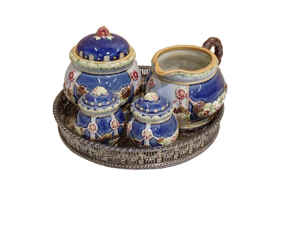 Silver Plated Copper Tray and Majolica Style Creamer, Sugar, Salt and Pepper Shakers (1 of 9)