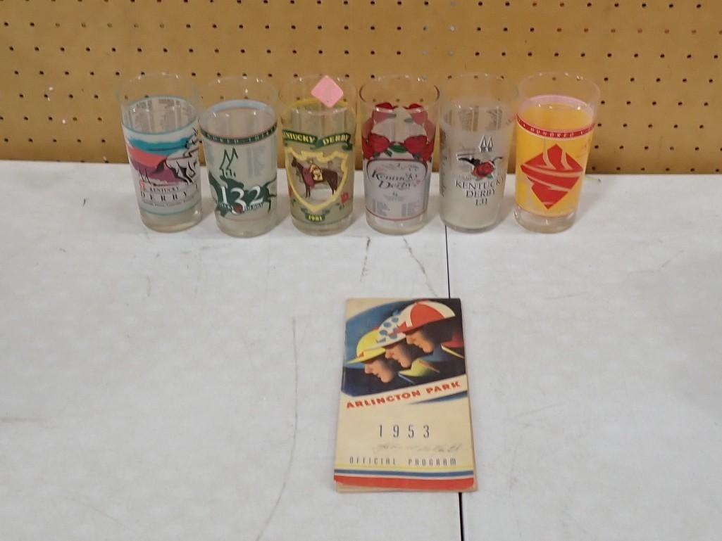 Kentucky Derby Drinking Glasses, and a 1953 Arlington Park Official Program (1 of 10)