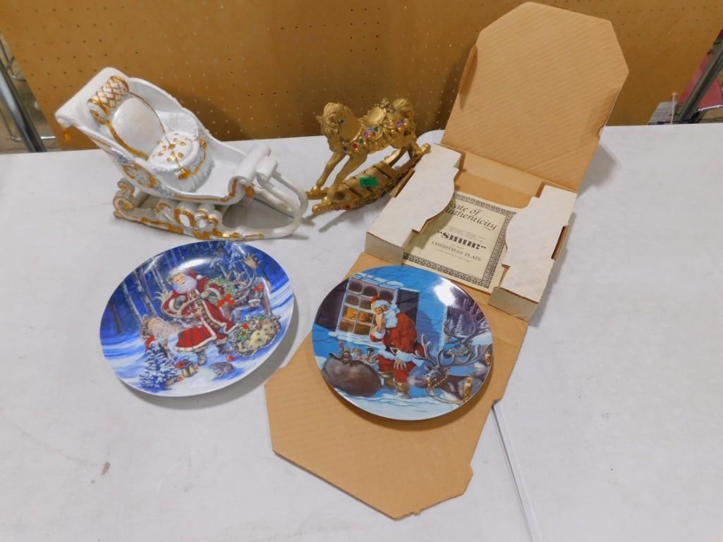 Christmas Lot including Santa Clause Plates, Sleigh and Rocking Horse Decor (1 of 4)