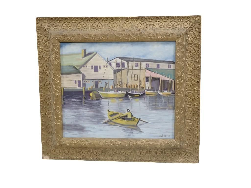 Framed Painting Signed CL. Bishop 69 - Boating Scene - Measures Roughly 25x28" (1 of 6)