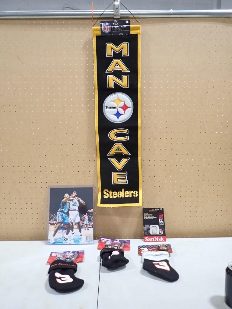 Sports Lot etc. including Pittsburgh Steelers Man Cave Banner, Dale Earnhardt Stockings, Juwan Howar (1 of 9)
