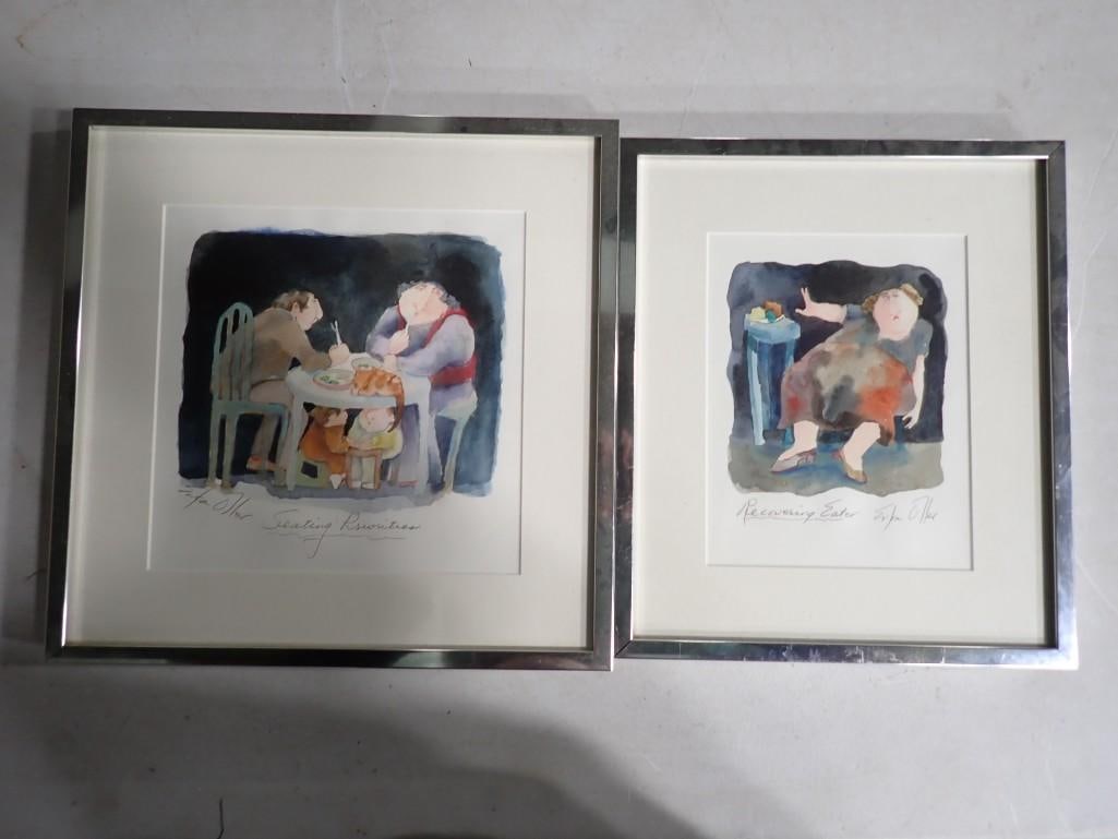 Two Framed Watercolor Prints Signed Erika Oller "Recovering Eater" and "Seating Priorities" (1 of 8)