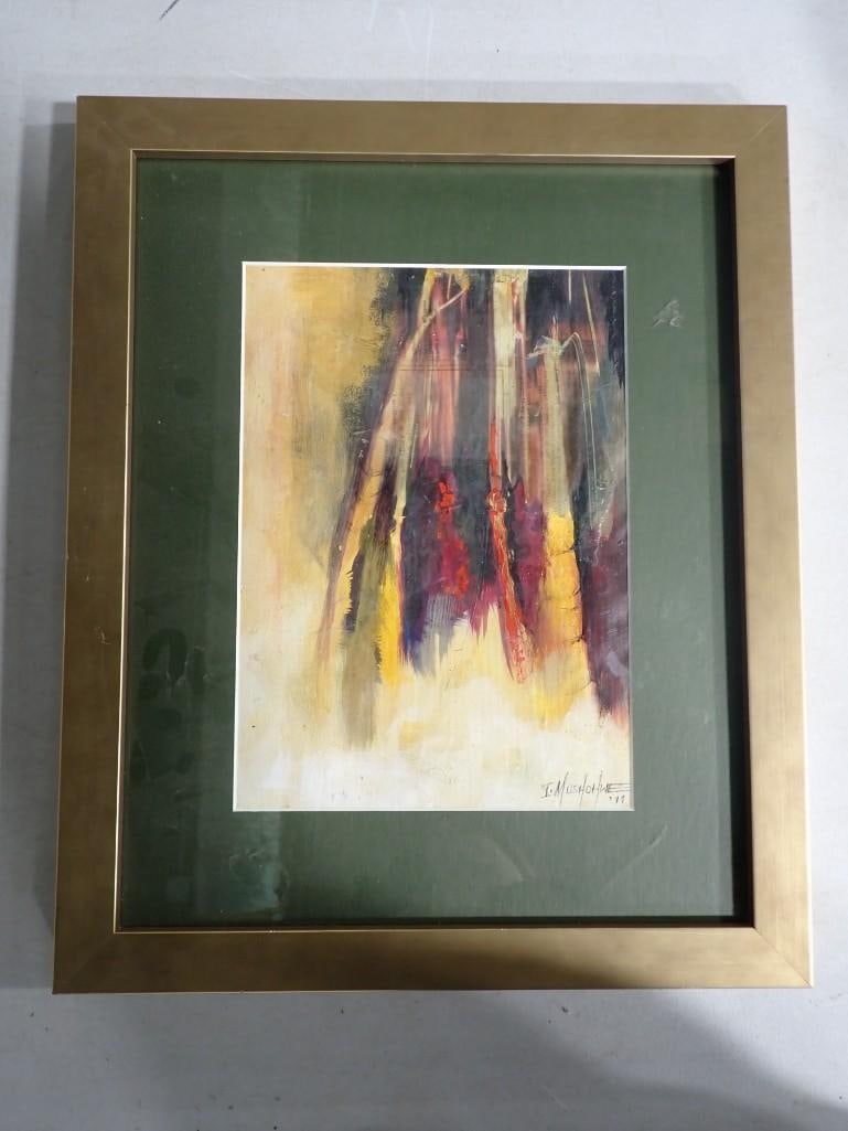 Framed Abstract Painting by Inzwai Mushowe - measures roughly 15x18": Framed Abstract Painting by Inzwai Mushowe - measures roughly 15x18" All pictures are considered part of the description and should be examined carefully by bidders. Live Auctioneers is now offeri