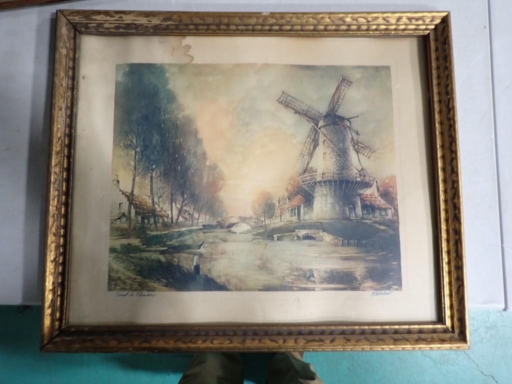 Al Mettel Signed Framed Print "Canal in Flanders" - Measures roughly 21x25" has some water damage (1 of 6)