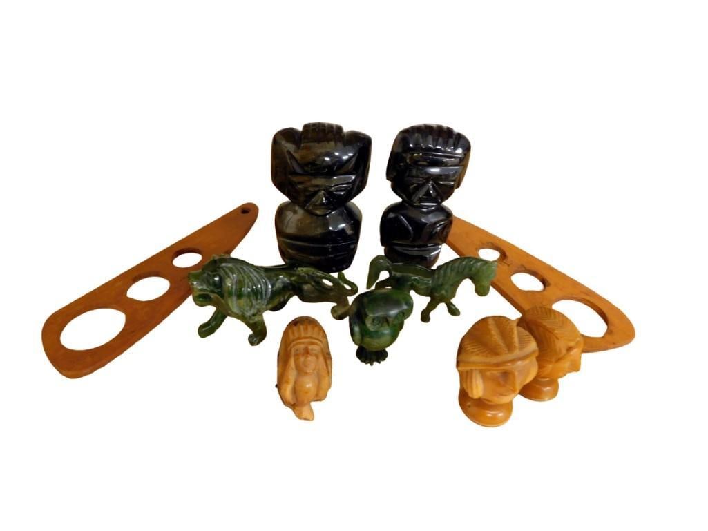 Carved Figures incl Carved Gold Sheen Obsidian, Carved Tagua Nut Figures, Jade Horse, Jade Dragon, (1 of 5)